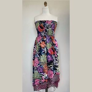 Smocked Tropical Floral Sun Dress Hi Low Maxi NWT